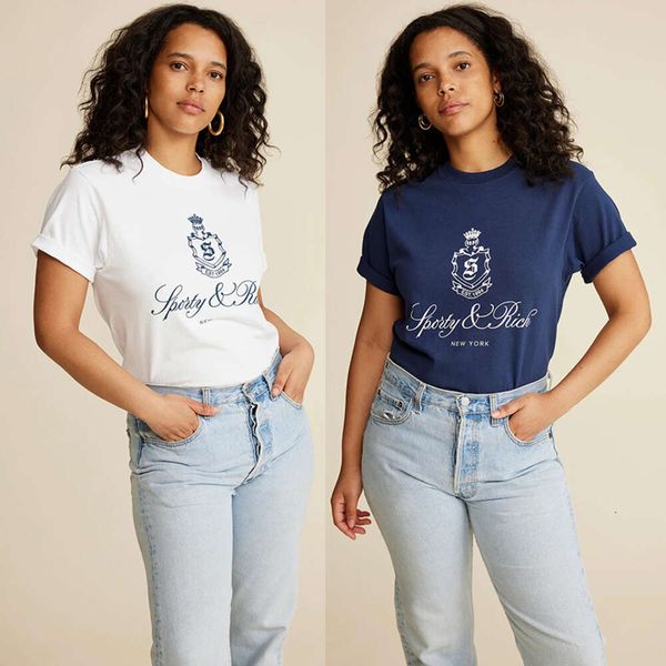 T-shirt firmate 24ss Sporty Rich T-shirt in cotone stampato con lettera Crown top T-shirt da donna a maniche corte