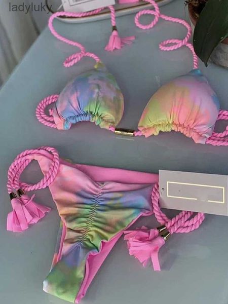 Costumi da bagno RUOTONGSEPT 2022 Nuovo costume da bagno con stampa sfumata Sexy corda intrecciata brasiliana Costumi da bagno donna Micro bikini Set triangolo da spiaggia BiquinisL240115