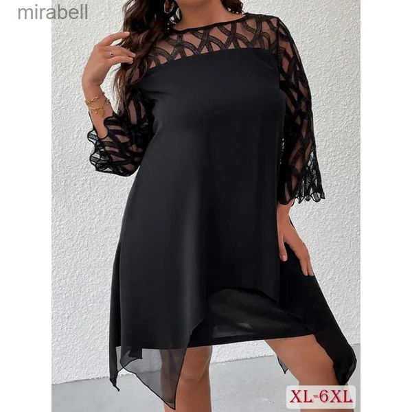 Abiti casual di base Eleganti da donna Taglie forti Abito con maniche a tre quarti Pizzo con paillettes Maglia Sexy Casual Party Rosso Nero Ritaglio Abito estivo ampio YQ240115