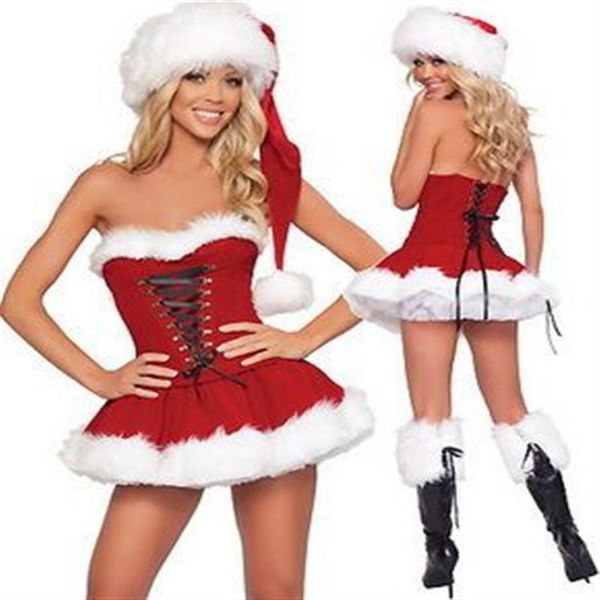 Costumi sexy da donna per Babbo Natale, signora, vestito operato da vacanze di Natale per adulti con set di cappelli, costumi natalizi, petto pulito sexy Re282H