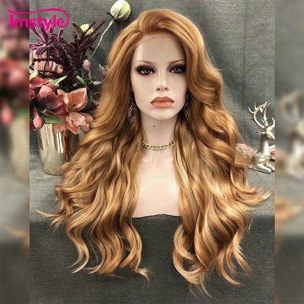 Imstyle synthetische Lace-Front-Perücke, goldblonde Perücke, lange natürliche gewellte Perücken für Frauen, hitzebeständige Faser, Cosplay-Spitzenperücke, 24 Zoll 240115