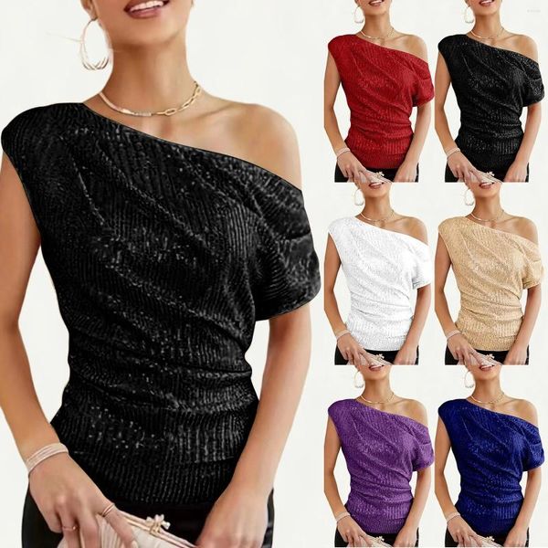 Damenblusen, One-Shoulder-Pailletten-Glitzer-Top, plissiert, asymmetrisch, schmale Passform, lange Ärmel, Damen-T-Shirt mit V-Ausschnitt, Grafik