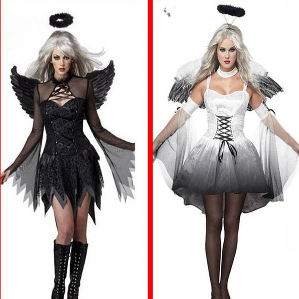 Branco preto diabo caído anjo traje feminino sexy roupas de festa de halloween trajes adultos fantasia vestido cabeça wear wing232t