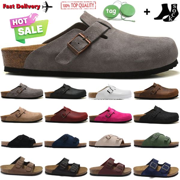 Boston Clogs Pantofole Sandali Arizona Mayari Shearling Mules Sughero Piatto Moda Pelle scamosciata Scivolo estivo in pelle Spiaggia preferita Infradito da donna per uomo Scarpe casual