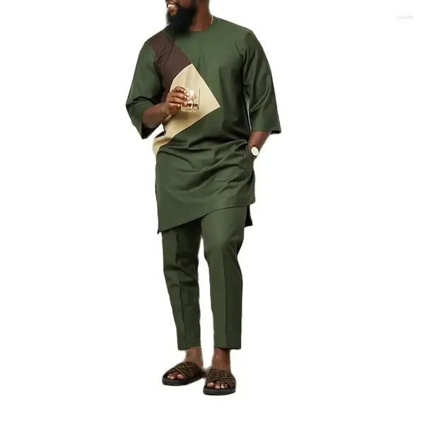 Tute da uomo Nigeria Camicie moda Pantaloni patch Pantaloni in stile Set maniche a 3/4 Top Abiti africani Abiti da sposo maschili Abiti da festa