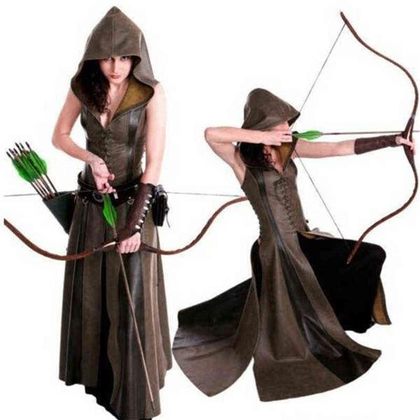 Medieval cosplay moda feminina anime viking renascentista com capuz archer vem vestido longo de couro sem mangas masquerade 2022 novo t2208265g