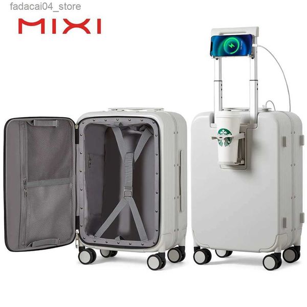 Suitcases Mixi 2023 NEW Aluminum Frame Suitcase Carry On Rolling Luggage with USB Port Boarding Cabin Cup and Phone Holder 20 24 Inch Q240115