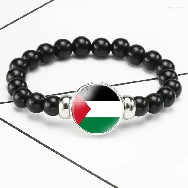 Braccialetti a maglie Bandiera della Palestina Bracciale con pietre preziose per uomo Donna Ciondolo nero Corde di perline Regalo per amico Corda elastica all'ingrosso