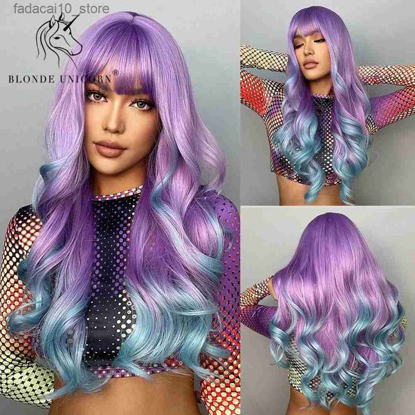 Pelucas sintéticas Rubia Unicornio Peluca ondulada larga Ombre Púrpura a azul Para MUJERES Cosplay Halloween Fibra resistente al calor Flequillo Cabello Q240115