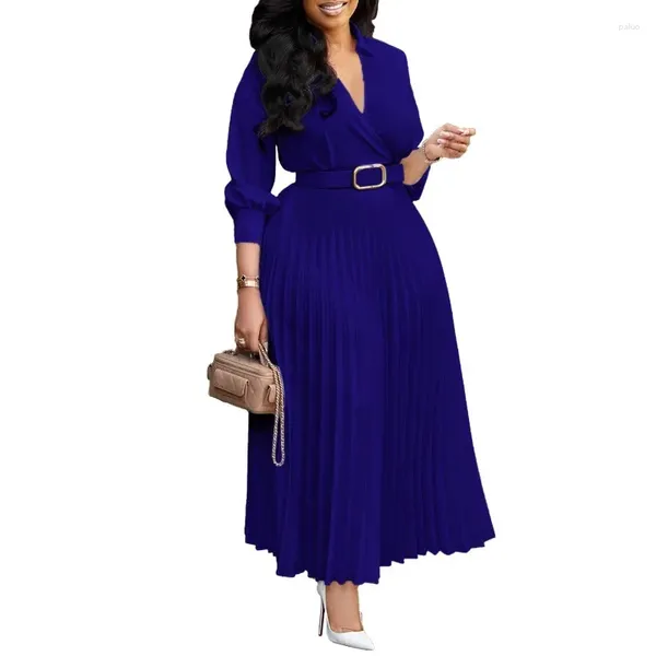 Roupas étnicas Turn-down Collar Vestido Africano Vestidos Longos para Mulheres 2024 Venda Noite Festa V-Pescoço Plissado Robe Femme Plus Size Senhoras