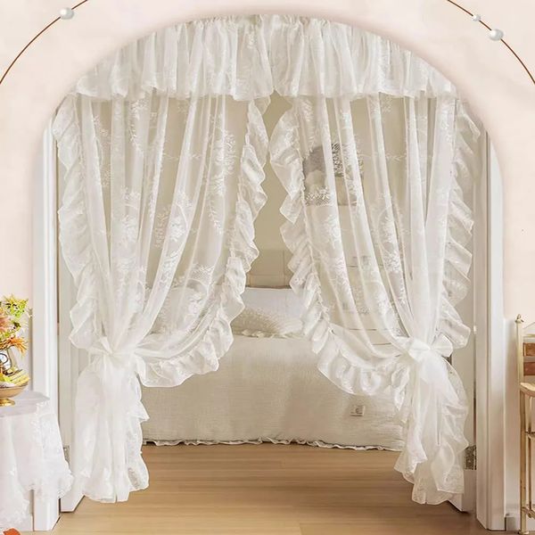 Cortina francesa elegante bordada branca com babados, cortina de tule com saia para meninas, quarto, sala de estar, cortinas transparentes, Rideaux Voilage 240115