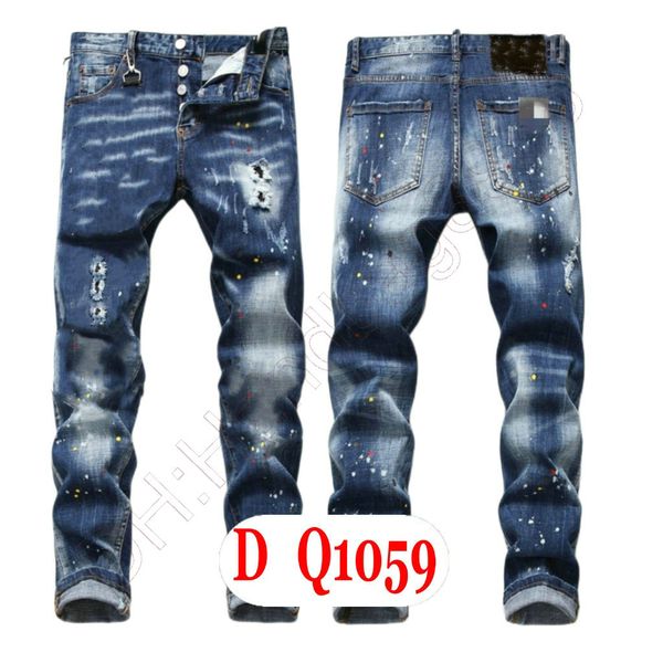 Мужские джинсы Роскошные итальянские дизайнерские джинсовые джинсы Мужские брюки с вышивкой DQ21059 Модные брюки с дырочками и брызгами чернил Брюки для езды на мотоцикле Одежда US28-42 / EU44-58