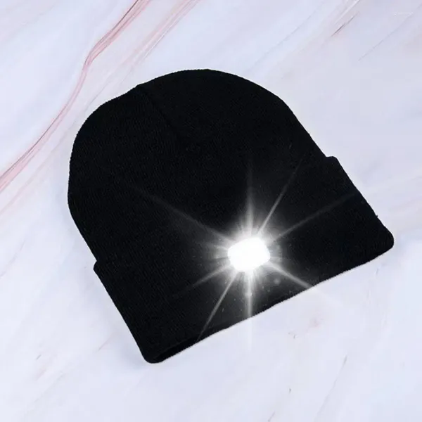 Berets outono inverno tricô chapéu brimless com luz led quente à prova de vento gorro elástico acampamento lâmpada de cabeça handfree