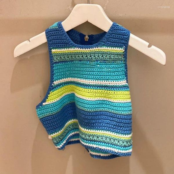 Damenwesten 2024 Frühling und Sommer Slim-Fit Kurzstil ärmellos Farbe gestreifter Reißverschluss Handhaken Strickweste Top weiblich