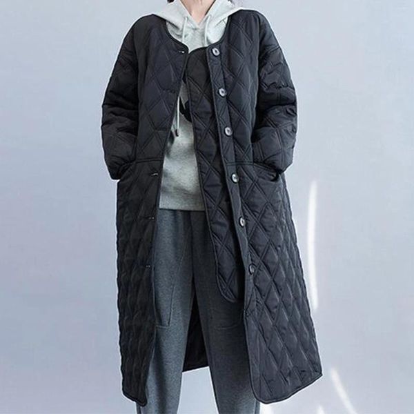 Damen Trenchcoats Damen Winter Warm Lang 2024 Casual Baumwolle Gefütterte Jacke Mode Einreiher Parkas Einfarbig Schwarz Slim Mantel