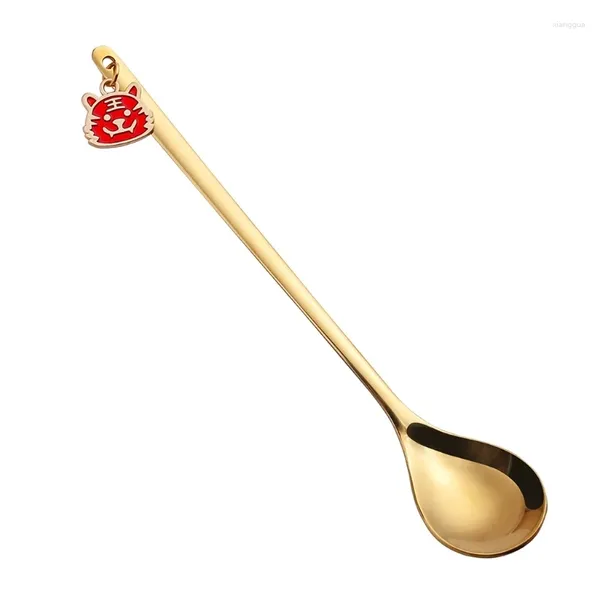 Set di stoviglie Ciondolo in cartone animato Cucchiaio forchetta agitazione in acciaio inossidabile Anno cinese Zodiaco Souvenir Caffè Dessert Goccia