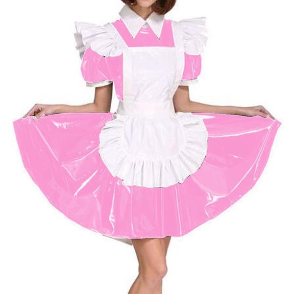 Plus Size Exotic Maid Cosplay PVC Uniform Frauen Wet Look Short Puff Sleeve Minikleid Französisch Maid Kostüm Lolita Schürze Dress297s