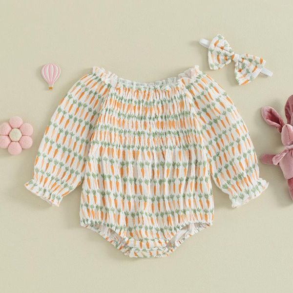 Strampler Säugling Baby Mädchen Strampler Frühling Herbst Langarm Karotte Druck mit Stirnband 2PCS Kleidung Anzug Kleinkind Baumwolle Playsuits