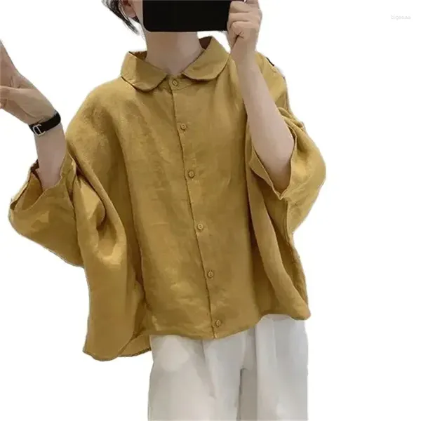 Женские блузки Рубашка в форме летучей мыши Женская летняя свободная утягивающая возрастная рубашка с простыми лацканами и рукавами с пятью точками Топ из хлопка и льна LJ521