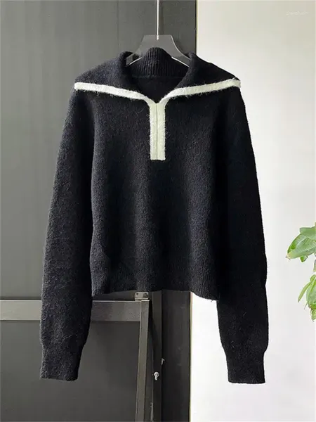 Frauen Pullover Kontrast Farbe Schwarz Pullover Drehen-unten Kragen Lose Wolle Damen Langarm Pullover 2024 Frühling