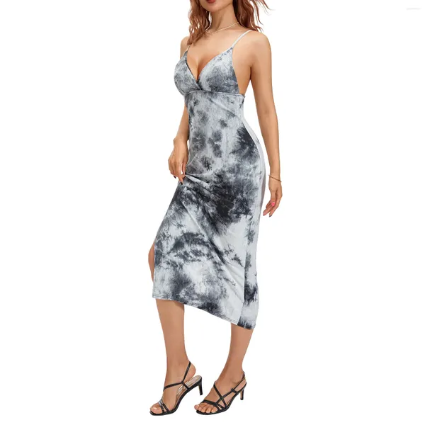 Abiti casual Moda da donna Abito aderente con fionda sexy Abito estivo senza maniche Backless Profondo scollo a V Stampa tie-dye Midi