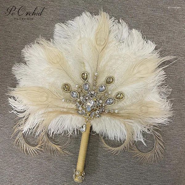 Hochzeitsblumen PEORCHID inspirierte Straußenfeder-Brosche Braut-Fächersträuße Mariage Künstliche Great Gatsby-Blume Biamond-Blumenstrauß