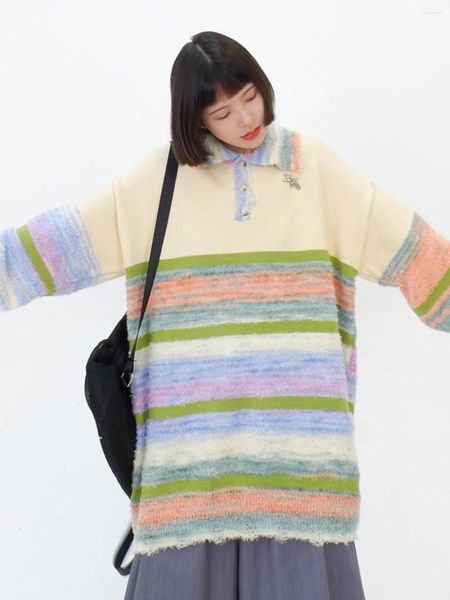 Suéteres femininos dopamina suéter listrado colorido para 2024 outono/inverno solto bf preguiçoso malha