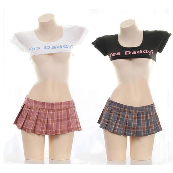 Uniformes de estudante sexy lingerie impertinente xadrez plissados metade do peito sim papai carta impressão topos erótico cosplay mini saia para sex270o