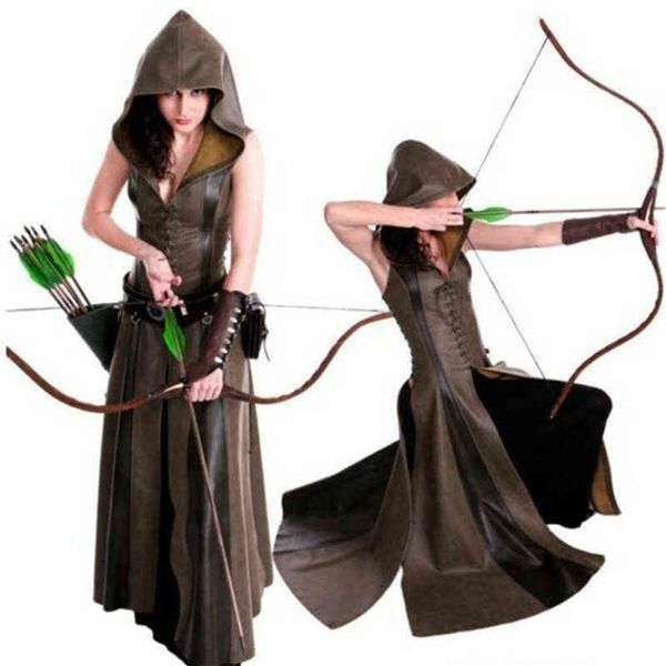 Medieval cosplay moda feminina anime viking renascentista com capuz archer vem vestido longo de couro sem mangas masquerade 2022 novo t22082877