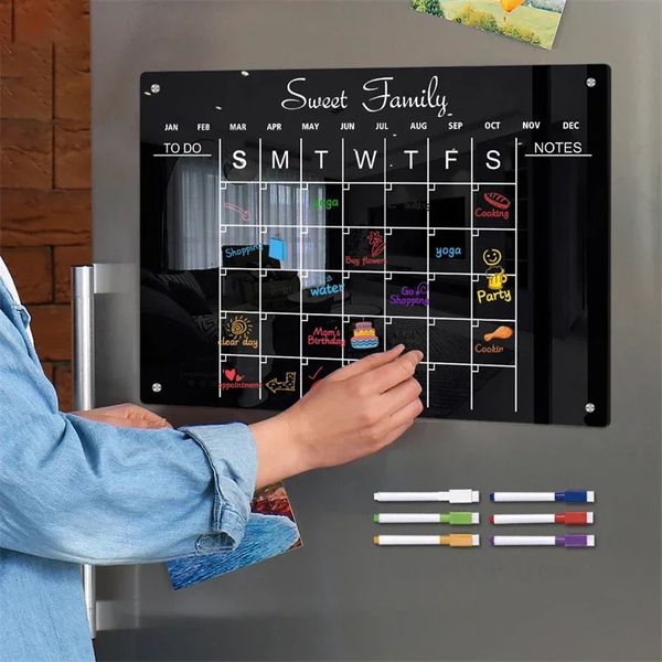 Schwarzer magnetischer Kühlschranktafel-Planer aus Acryl, täglicher, wöchentlicher, monatlicher Zeitplan, Kühlschrankmagnettafel für Zuhause, Schule, Büro 240113