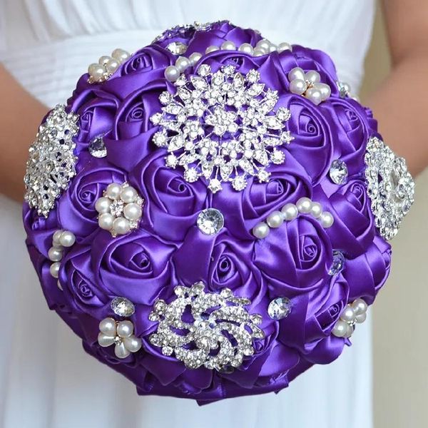 Blumen Lila Seidenrose Brautstrauß Hochzeitsaccessoires Brosche Kristallperle Handgefertigter Hochzeitsstrauß mit Blumen Farbe wählen