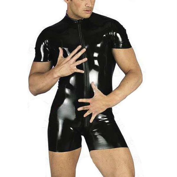 Bodysuit flexível masculino sexy preto collant zíper catsuit manga curta macacão boate bar clubwear costume276x