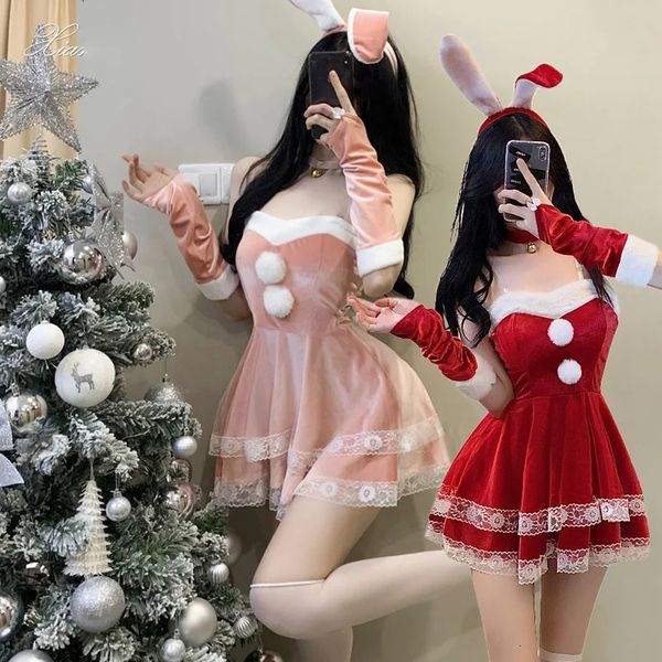 Noel Kırmızı Santa Cosplay Kostüm Pembe Tavşan Seksi Üniforma Kanary Velvet Dantel Etek Kafa Eldivenleri Straplez Elbise Takım 240115