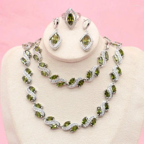 Colar brincos conjunto de luxo verde peridot conjuntos de casamento prata cor jóias para mulheres anel pulseira caixa de presente