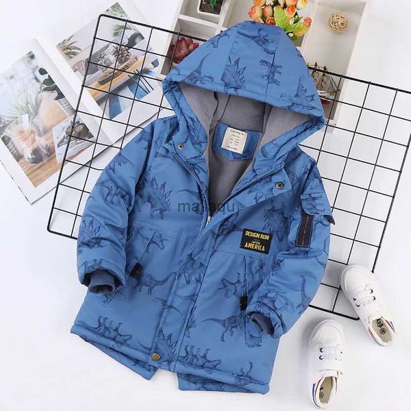 Jaquetas Hoodies Outono Jaqueta de Inverno para Menino Dos Desenhos Animados Dinossauro Com Capuz Mais Veludo Engrossar Menino Quente Outerwear Casaco 4-14 Ano Crianças Adolescente ParkaL240115