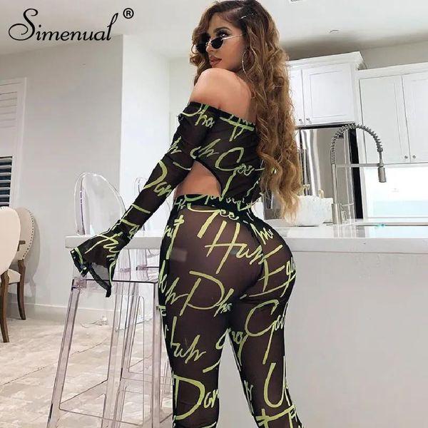 Abito Simenual Mesh Sexy Hot Trasparente Set da donna coordinato Lettera Stampa con spalle scoperte Completo a 2 pezzi Tuta a maniche lunghe e pantaloni