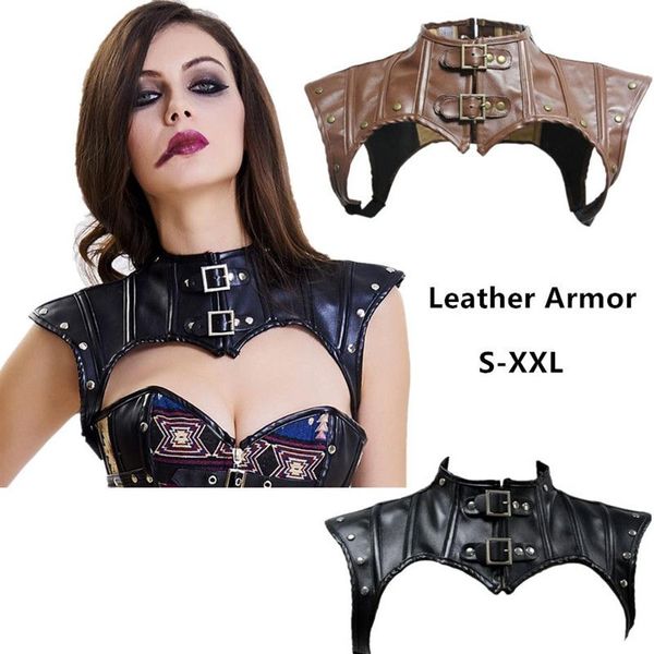 Mulheres guerreiro armadura steampunk traje acessórios retro estilo gótico cravejado com cinto de couro falso bucked ombro armadura feminino club2979