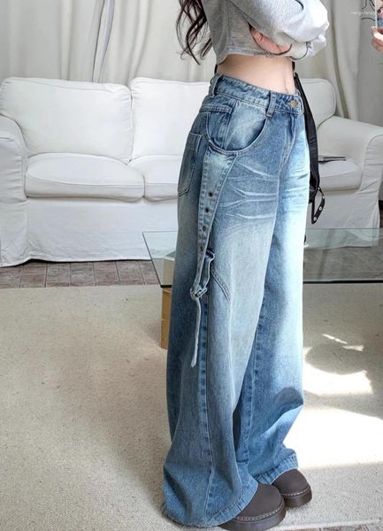 Jeans femininos americanos retro lavado estilo coreano high street baggy drape cintura moda harajuku y2k calça reta