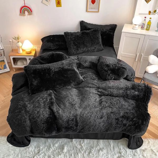 Copripiumino Shaggy in peluche nero Twin Queen King US Cal King 4/7 pezzi Set di biancheria da letto con cerniera soffice lenzuolo federe in morbido velluto 240115