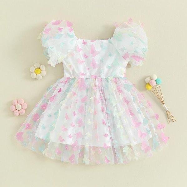 Платья для девочек, детское летнее фатиновое платье принцессы для маленьких девочек, повседневная одежда трапециевидной формы с короткими рукавами, украшенная 3D бабочками