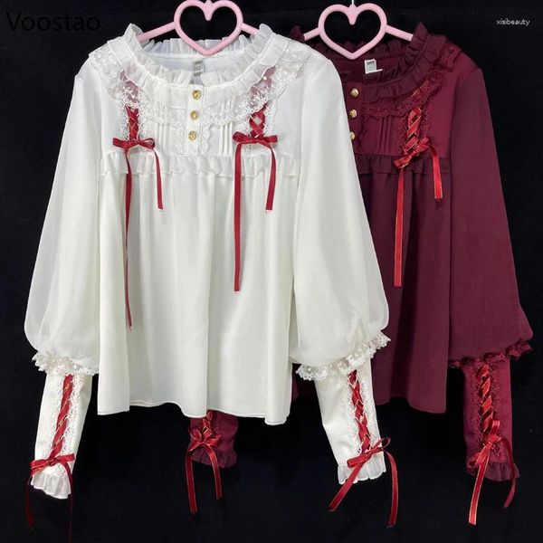 Женские блузки викторианская готическая рубашка в стиле Лолиты, женская рубашка Harajuku Y2k Gigot с кружевными повязками и рукавами, женские винтажные элегантные топы Blusas
