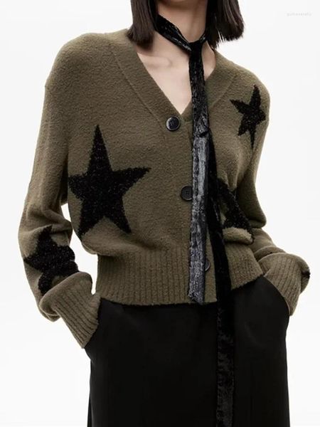 Camisolas femininas camisola 2024 outono estrelas padrão com decote em v único breasted casual manga longa malha cardigan