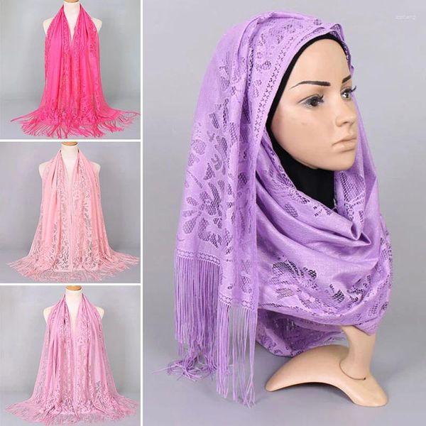 Sciarpe Fiore Floreale Nappa Sottile Donne Musulmane Hijab Frangia Lunga Foulard Hollow Merletto Ricamato Turbante Accessori Moda