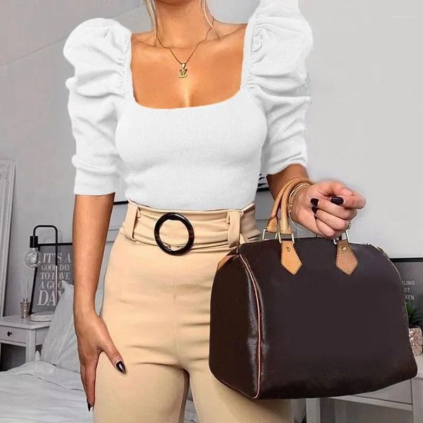 Mulheres Camisetas 2024 Senhoras Elegante Temperamento Blusa Bolha Cinco Pontos Dleeve T-shirt Mulheres Primavera Hedging Sexy Colheita Branco Preto Top