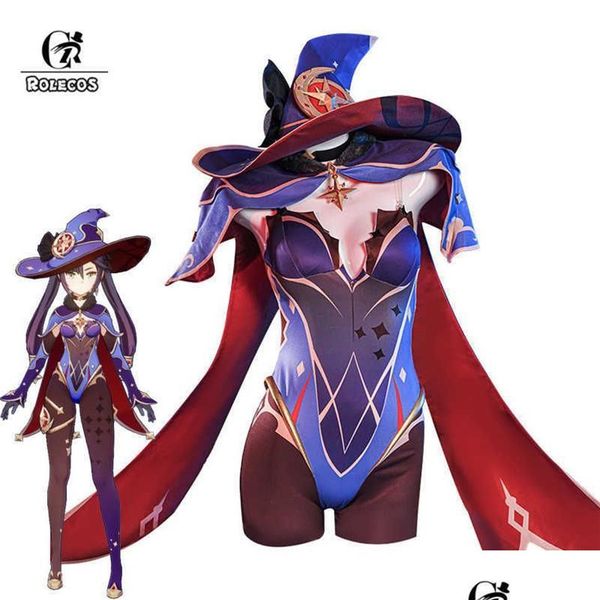 Tema Traje Rolecos Jogo Genshin Impact Mona Cosplay Sexy Mulheres Macacão Halloween Bodysuit Hat Shawl Fl Set Y0277S Drop Delivery Dh7A2