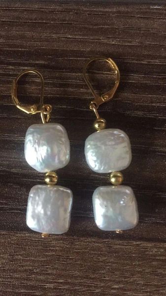 Orecchini pendenti con bottone quadrato bianco, moneta, perle d'acqua dolce naturali da donna
