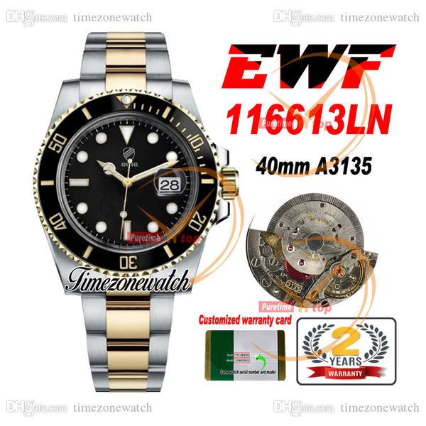 EWF 40mm A3135 CAL 3135 Otomatik Erkekler İzle İki Ton 18K Sarı Altın Seramik Çerçeve Siyah Arama Tarihi 904L Aynı Seri Garanti Kart TimezoneWatch B1