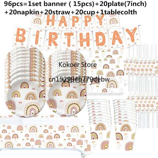 Stoviglie usa e getta 1 set Boho Arcobaleno Decorazioni per feste di compleanno Posate Tema Banner Cake Toppers Ghirlanda di palloncini per Baby Shower Articoli per festevaiduryd