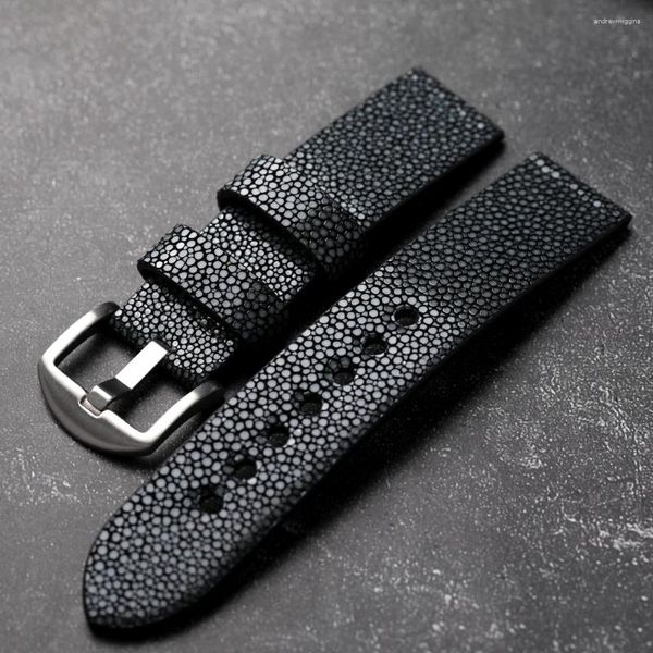 Relógio Bandas Handmade Pearl Fish Leather Strap 20 22 24mm Preto Vintage Homens Pulseira Resistente ao Desgaste de Alta Qualidade