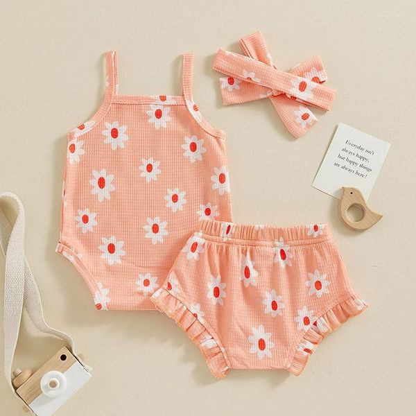 Kleidungssets 3-teiliges Sommer-Outfit für Babys, ärmellos, Spaghettiträger, Blumendruck, Strampler mit Rüschen, Shorts und Stirnband